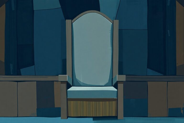 A heavily textured, fragmented painting in shades of navy, indigo, and charcoal depicting an empty, high-backed judicial chair, conveying a sense of institutional dysfunction and lack of transparency.