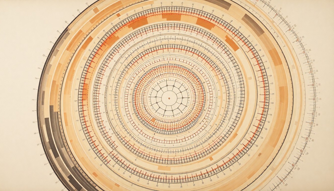 A highly structured abstract painting in soft, earthy tones, featuring sweeping geometric arcs, concentric cellular structures, and precise biological spirals, conceptually representing the complex molecular programming that enables the immune system's rapid response to familiar pathogens.