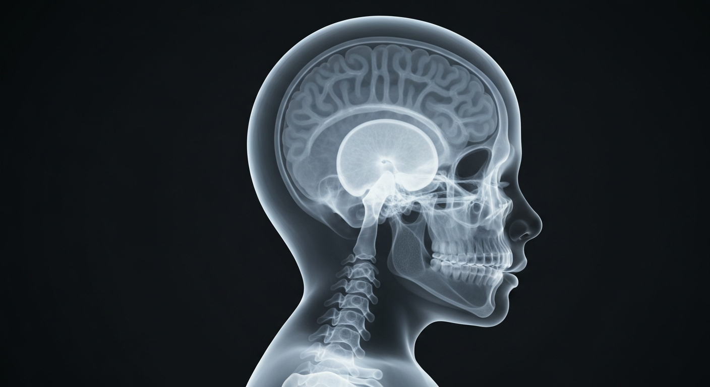 A translucent X-ray photograph revealing the delicate internal structures of a baby's head and shoulders, conveying the fragility of infants too young to be vaccinated against preventable diseases.