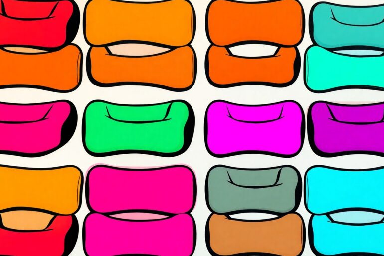 A brightly colored, high-contrast silkscreen-style illustration of a Caldera Releaf Neck Rest product repeated in a tight grid pattern, conceptually representing the brand's focus on turning everyday wellness items into modern, eye-catching design.