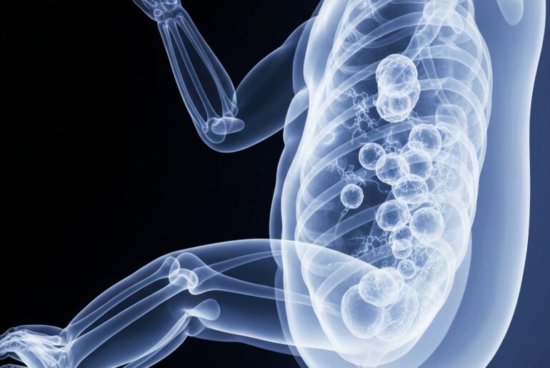 An extreme close-up X-ray photograph revealing the intricate internal structures of a baby's immune system, conceptually illustrating the fragility of unvaccinated infants during a measles outbreak.