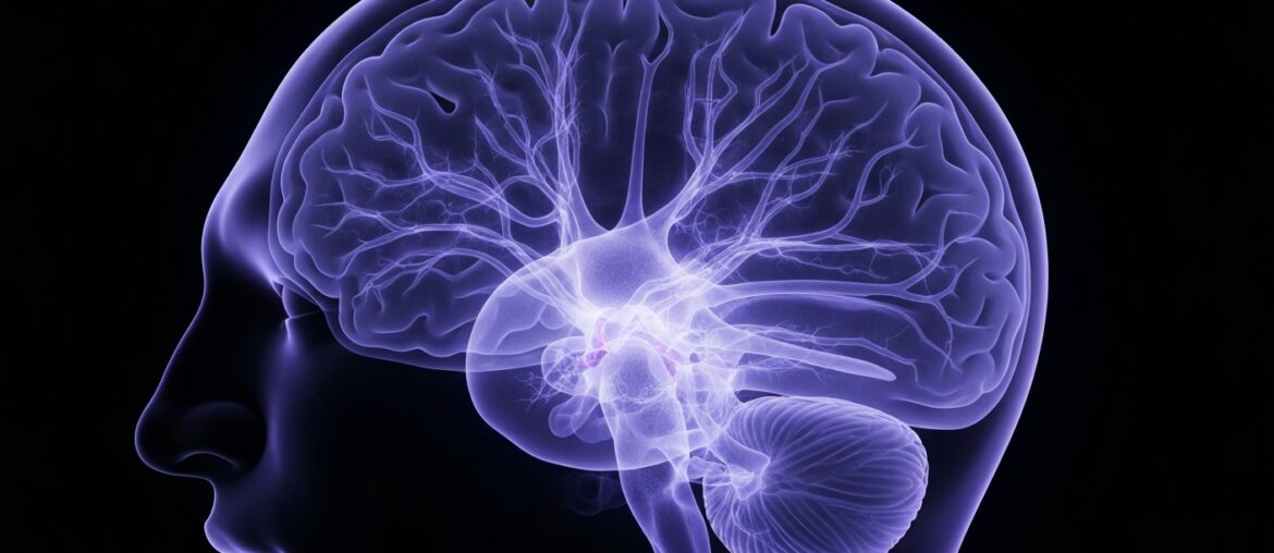 A translucent X-ray image showing the intricate structures of the human brain, with glowing neural pathways and regions highlighted in shades of blue and purple against a dark background, conveying the complex effects of vitamin D on brain health.