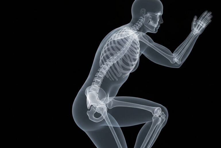 A ghostly, translucent X-ray photograph showing the skeletal structure of a person performing a squat exercise, with glowing bones and joints against a dark background, conceptually representing the rebuilding of strength and mobility.