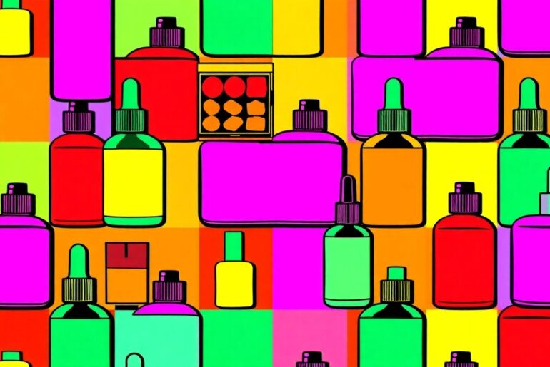 A high-contrast, silkscreen-style illustration featuring a grid of various beauty and wellness products, including a face serum, makeup palette, and supplement bottle, rendered in a bold, neon color palette with heavy black outlines, conceptually representing the curated selection of self-care items highlighted in the story.