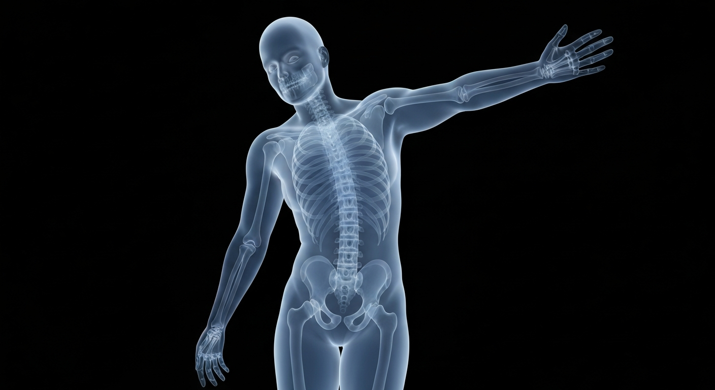 An extreme close-up X-ray photograph showing the ghostly, glowing skeletal structure of a person engaged in physical activity, conceptually representing the internal improvements to strength and mobility achieved through a specialized wellness program.