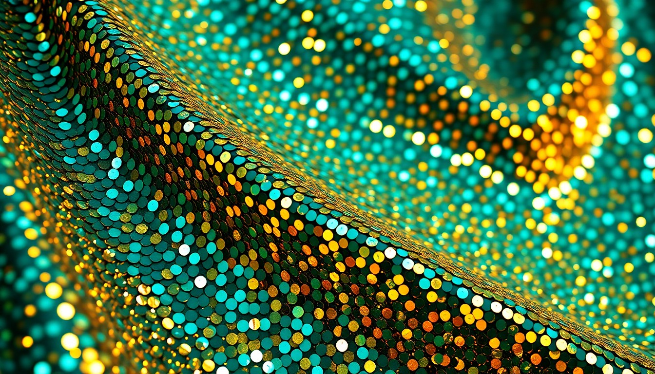An extreme close-up photograph of a shimmering, iridescent fabric in shades of teal and gold, capturing the glamour and energy of a music festival through abstract texture and light.