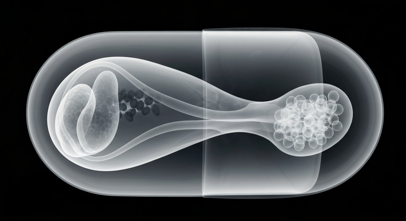 A ghostly, translucent X-ray image of a brain supplement capsule, revealing its internal structure and components in glowing lines against a dark background, conceptually illustrating the supplement's effects on the brain.