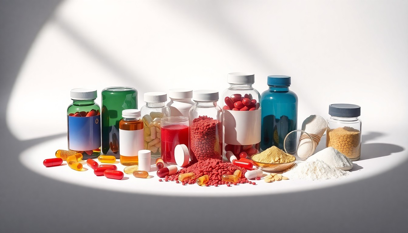 A high-end, photorealistic studio still-life photograph featuring a collection of premium, polished vitamin and supplement bottles, capsules, and powders arranged elegantly on a clean, monochromatic background, conceptually representing the abstract trends and investment activity in the VMS industry.