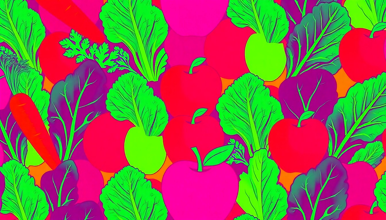 A high-contrast, silkscreen-style grid of a single healthy food item, such as a carrot or apple, rendered in a bold, neon color palette that transforms the everyday into modern pop art.