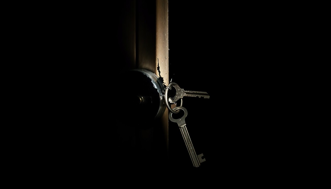 An extreme close-up photograph of a broken lock or key, lit by a harsh, direct camera flash against a pitch-black background, creating a stark, gritty, investigative aesthetic.