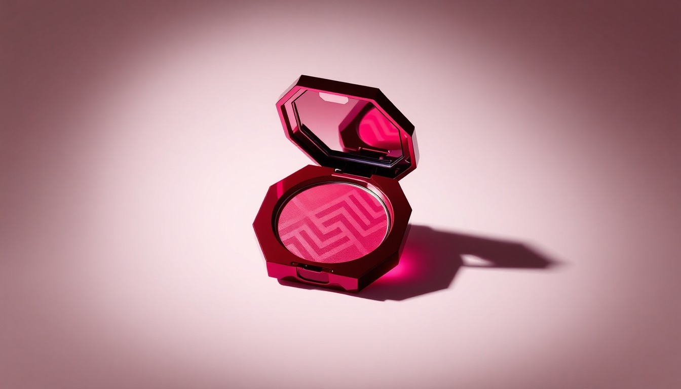 A high-end, photorealistic studio still-life photograph featuring a polished, geometric makeup compact in a rich, jewel-toned color floating on a clean, monochromatic seamless background. The compact is lit dramatically with sharp shadows, conceptually representing the premium quality and strategic positioning of Ulta Beauty's products and brand.