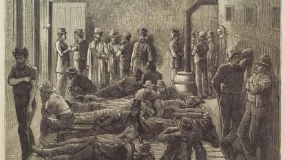 Public health measures against a smallpox epidemic in New York. A Health Board inspector vaccinates homeless people at a police station.