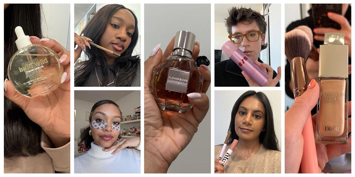 Various beauty products held by individuals.