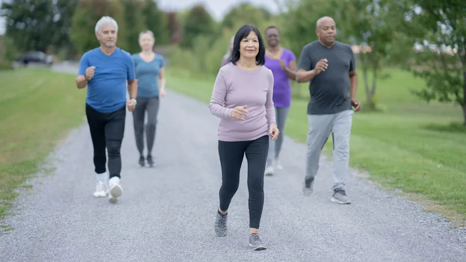  Group of people walking in a park. 