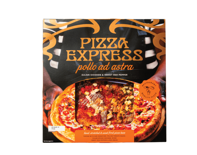 packaging of a cajun chicken pizza from pizza express
