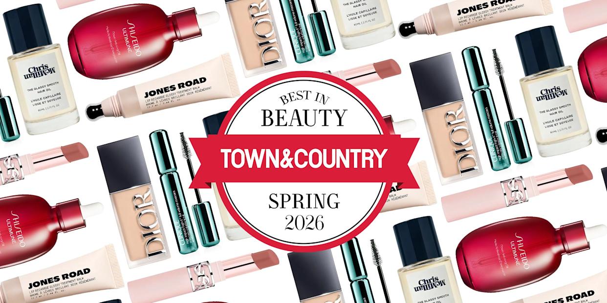 Collection of beauty products featured in a magazine.