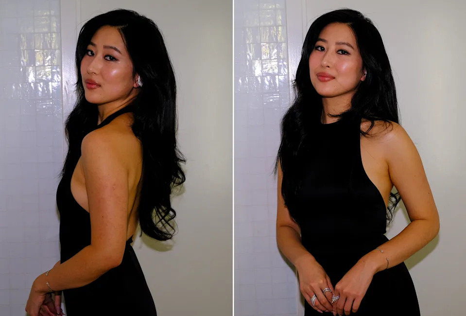 Mabel Li is photographed getting ready for the Testaments premiere in Los Angeles. Two side by side images show Li in her final look, a Givenchy black halter dress. 