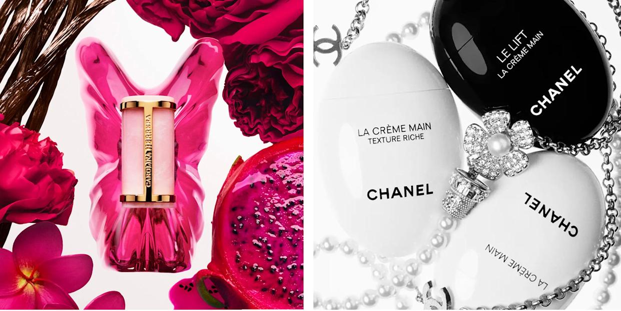 Beauty and skincare products arranged with floral and natural elements.