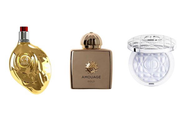 Map of the Heart Gold Heart V.4; Amouage Gold Woman 100ml EDP; Dior Forever Glow Luminizer.