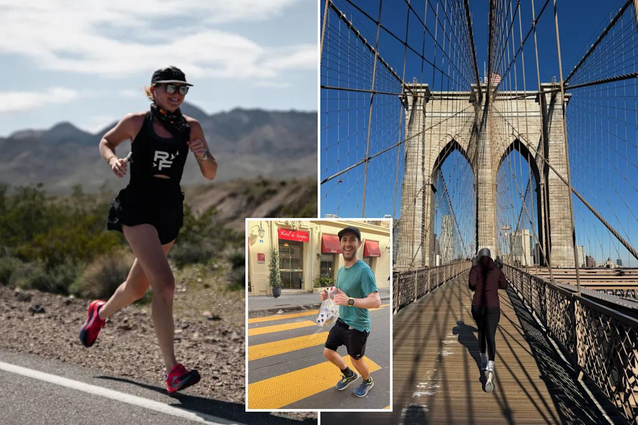 An image collage containing 3 images, Image 1 shows Molly Baker running on a road with mountains in the background, Image 2 shows Runner Molly Baker jogging across the Brooklyn Bridge, Image 3 shows Runner Andy Solarz holding a bag of trash while giving a thumbs up