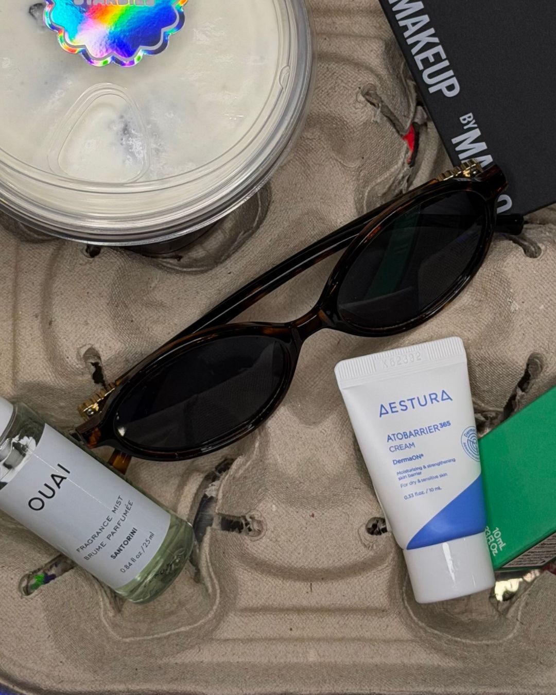 Skincare in a coffee tray.