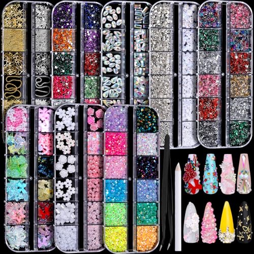 Fandamei Nail Charms, Nail Rhinestones Kit With 8 Boxes of Nail Gems, 3d Charms for Nails, Colorful Clear Flatback Rhinestones, Charms Y2k for Nails, Multi Shape Pearls Jewels for Crafts