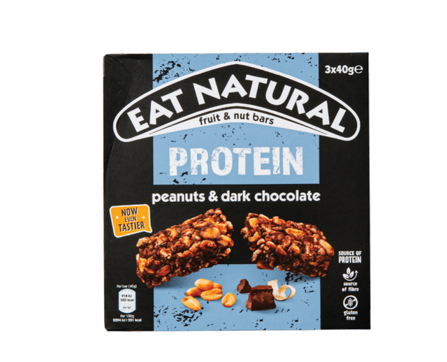 packaging for a protein bar with peanuts and dark chocolate