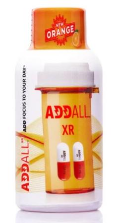 A white plastic bottle of dietary supplement labeled "ADDALL XR" with an orange cap marked "NEW ORANGE." The bottle features a prescription-style amber pill bottle graphic on its front showing two red and white capsules. The side panel includes text reading "ADD FOCUS TO YOUR DAY" and "ADDALL" in red lettering. The bottle has a yellow geometric pattern design element in the background of the label.