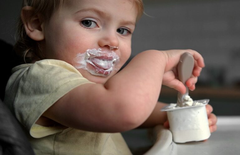 Bowl of plain yogurt prepared for infant complementary feeding, illustrating yogurt in infant nutrition.