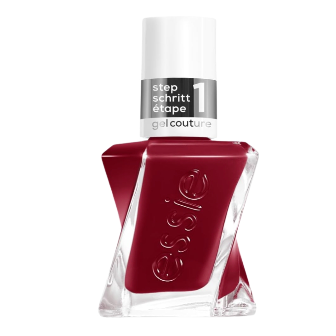 A product shot of the essie gel couture nail polish Paint the Gown Red (a dark, crimson red), on a white background