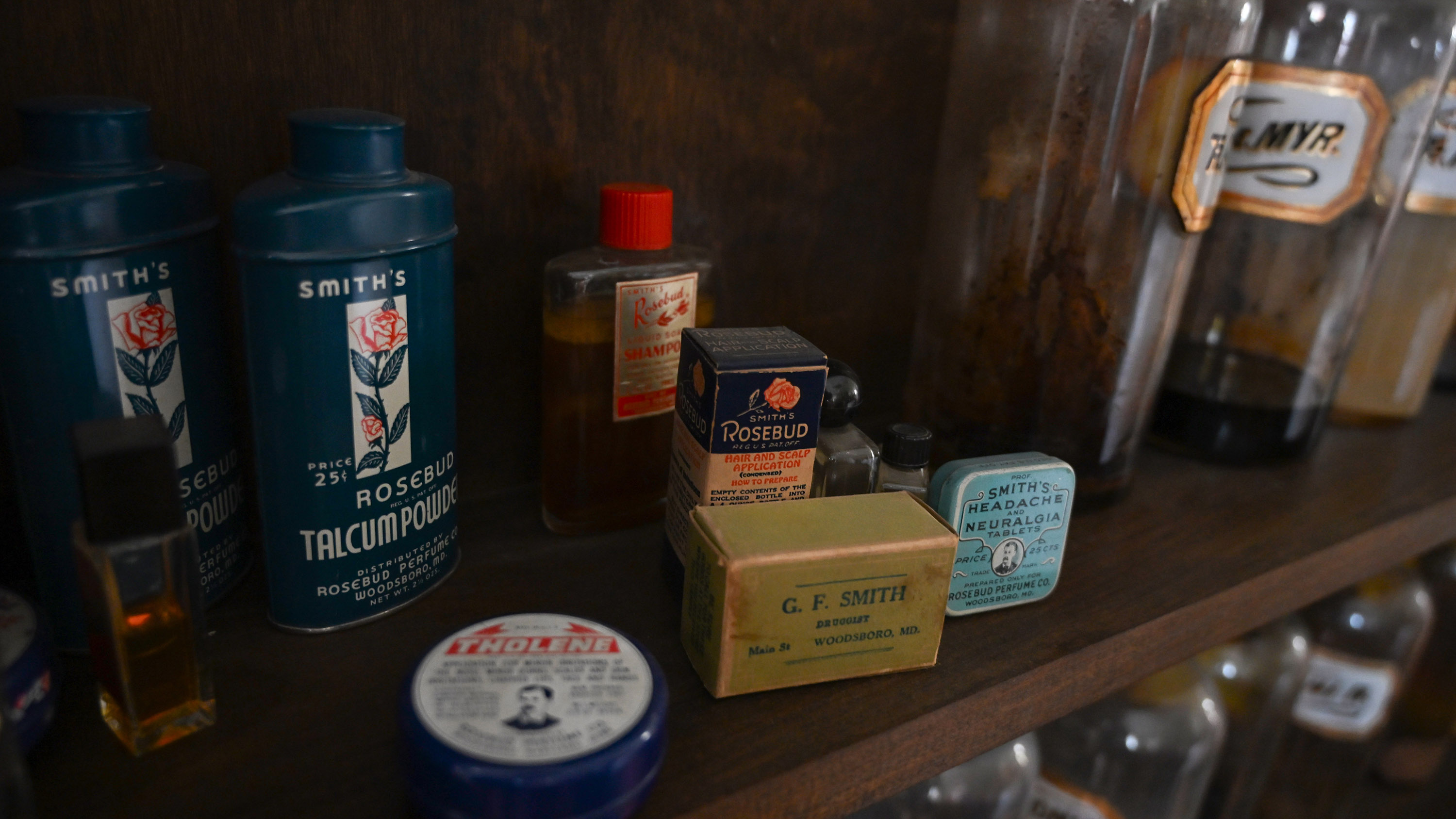 Various antique pharmaceutical products displayed at Rosebud Perfume Co. in...