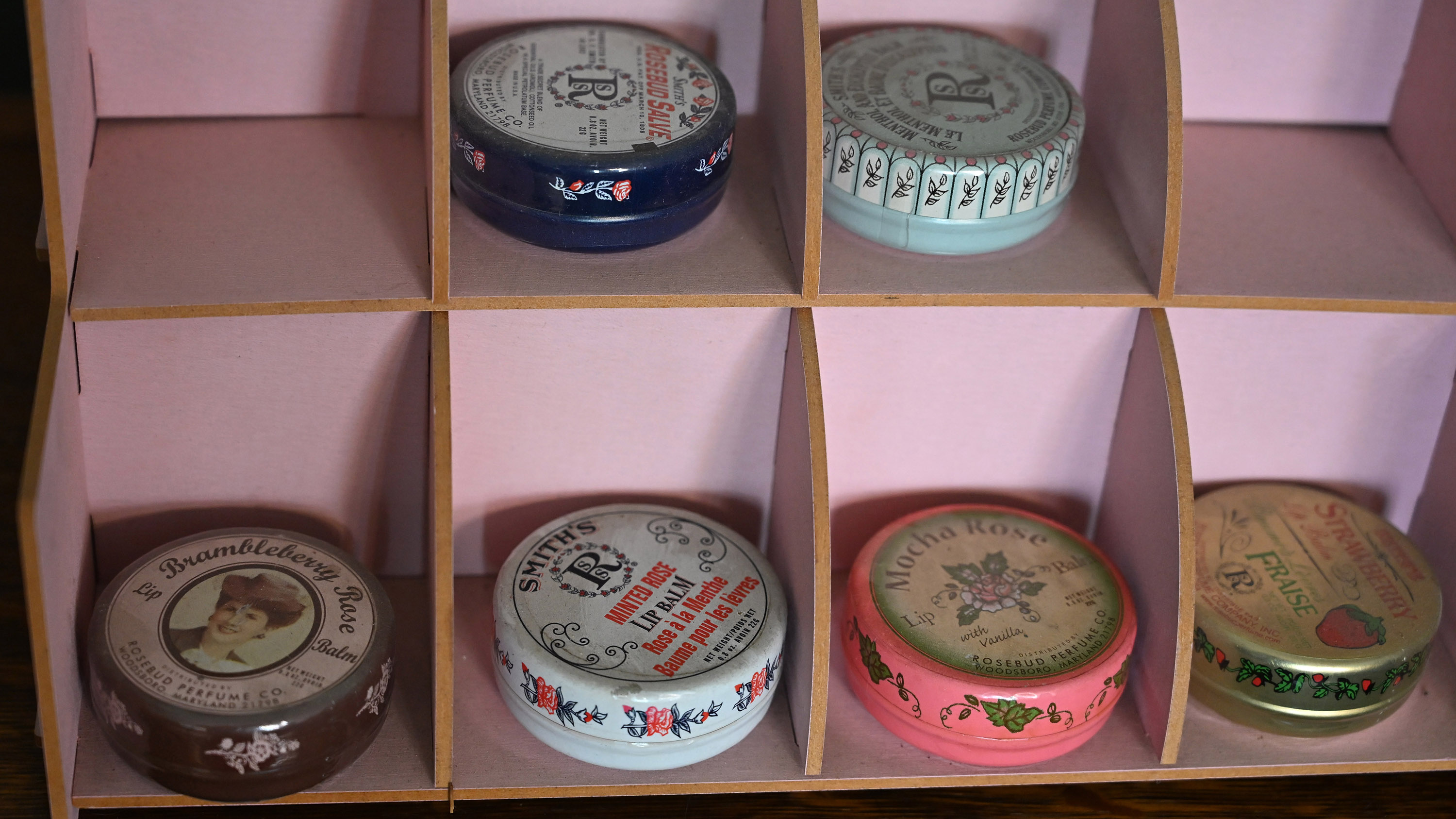 Samples of various salves and lip balms at Rosebud Perfume...