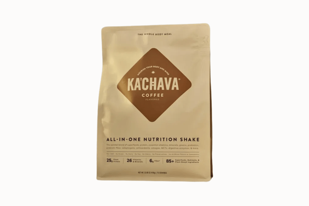 Ka'Chava Coffee Flavored All-in-One Nutrition Shake packaging with 25g plant protein and 85+ superfoods.