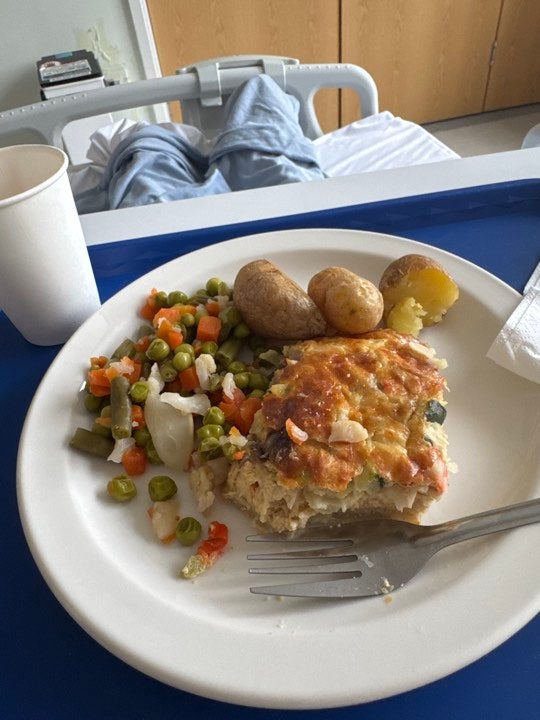 Claire Hill’s hospital meals included veg and potatoes
