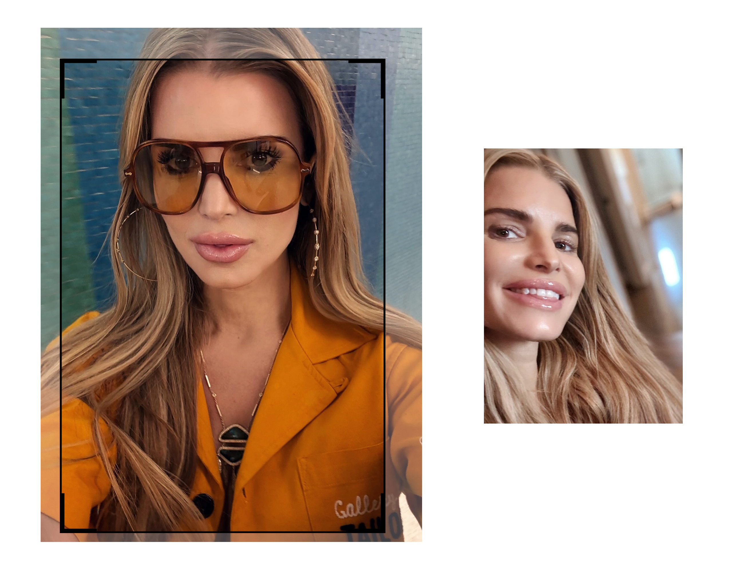 Collage of Jessica Simpson selfies, one of her wearing sunglasses and an orange jacket, the other of her close-up and smiling.