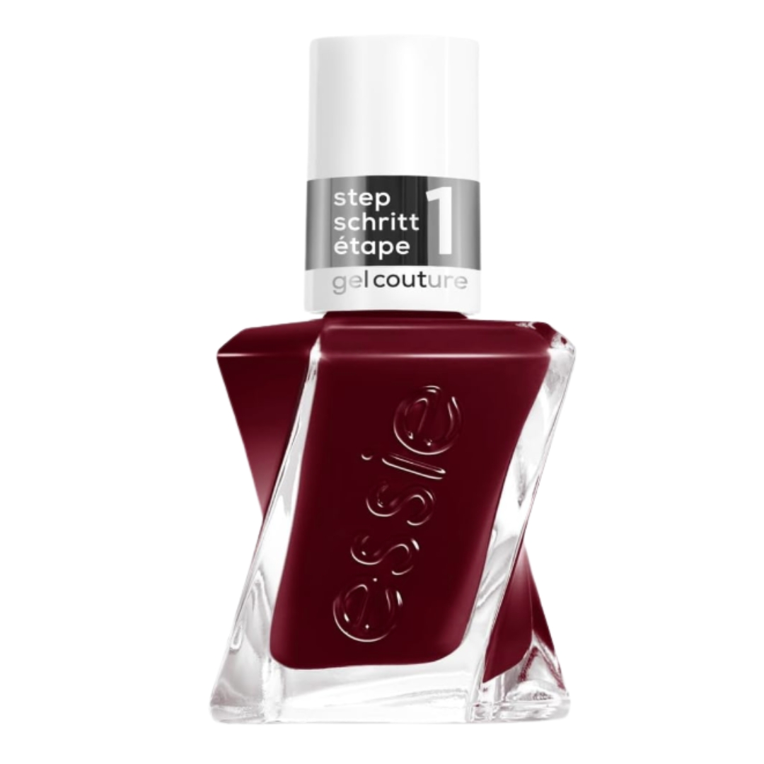 A product shot of the essie gel couture Nail Polish in Spiked With Style (a maroon-red colour), on a white background