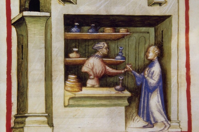 Medieval illustration of an apothecary handing a drink to a customer at a shop window lined with jars.
