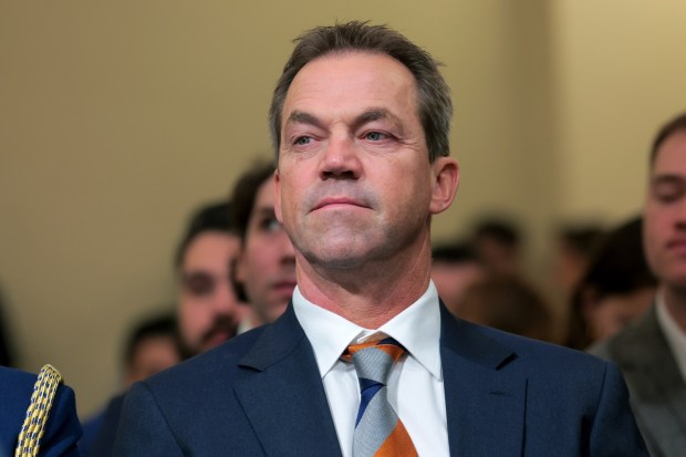 Bryon Noem, husband of U.S. Secretary of Homeland Security Kristi Noem, listens as she testifies before the House Committee on Homeland Security in the Cannon House Office Building on December 11, 2025 in Washington, DC. (Photo by Anna Moneymaker/Getty Images)