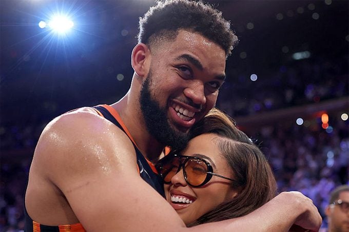 Karl-Anthony Towns of the New York Knicks celebrates with Jordyn Woods