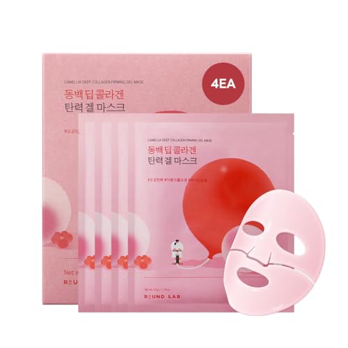 Round Lab Camellia Collagen Mask, 30min Hydrogel Mask, Quick Hydration, Firming&pore Minimizing, for Sensitive Skin, Micro Molecule Collagen, Facial Mask, 34 G/1.19 Fl Oz 4ea
