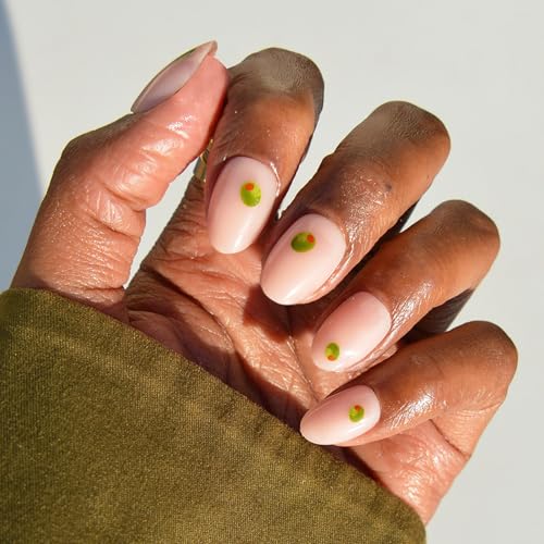 Glamnetic Press on Nails - Tipsy Olive | Short Oval Fake Nails With Olive Graphics on Sheer Base in Glossy Finish, Salon Quality | 15 Sizes - 30 Nail Kit With Glue
