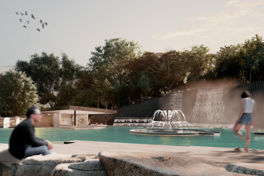A serene outdoor scene featuring a calm swimming pool with a central fountain, surrounded by lush greenery and trees. Two blurred figures are near the pool, with one sitting and the other walking. A pool bar in the distance. 