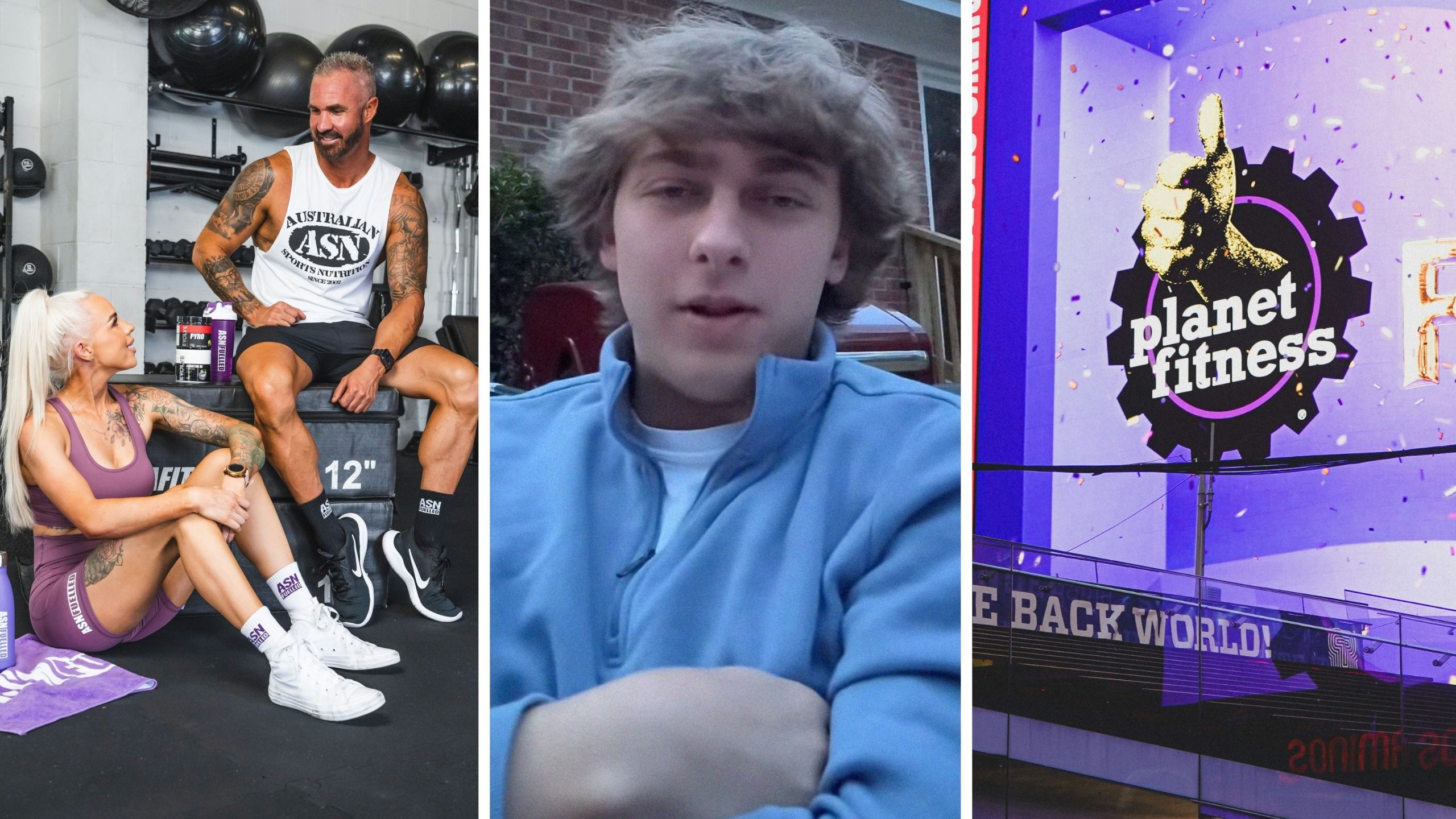 man and woman at gym (l) man shares job experience and crazy stories (c) planet fitness entrance (r)