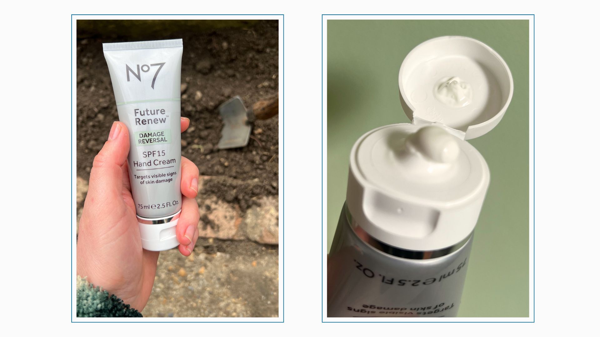 a hand holding no7 future renew hand cream outdoors with some earth and a trowel in the background, next to an image of the tube, close up with the cream coming out