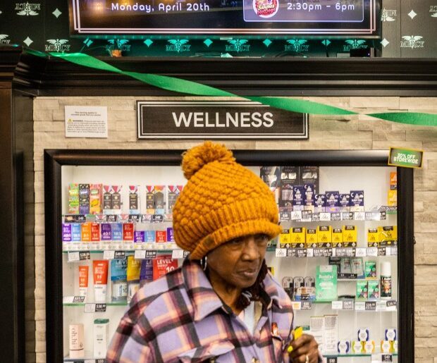 Linda Franklin arrived early for 420 deals to help her deal "body pains and for my head" on the unofficial holiday for cannabis users at Mercy Wellness Dispensary Monday, April 20, 2026 in Santa Rosa. (John Burgess/The Press Democrat)