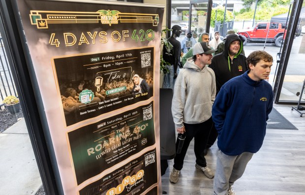 A line of people seeking 420 deals stretched around the block from the Mercy Wellness Dispensary on the unofficial holiday for cannabis users Monday, April 20, 2026 in Santa Rosa. (John Burgess/The Press Democrat)