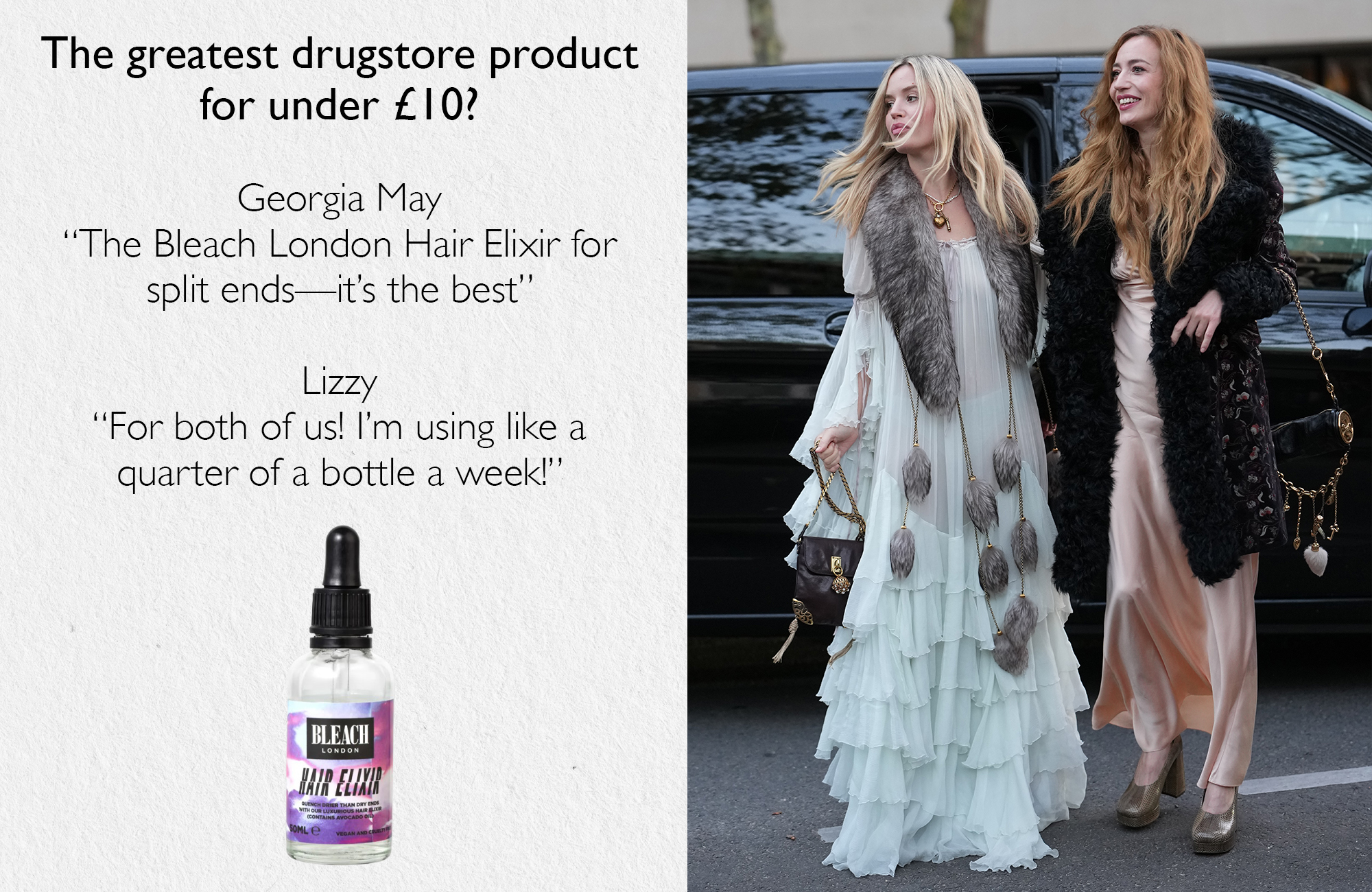 A picture of Georgia May and Lizzy Jagger next to a Bleach London hair product and a quote on why they love it