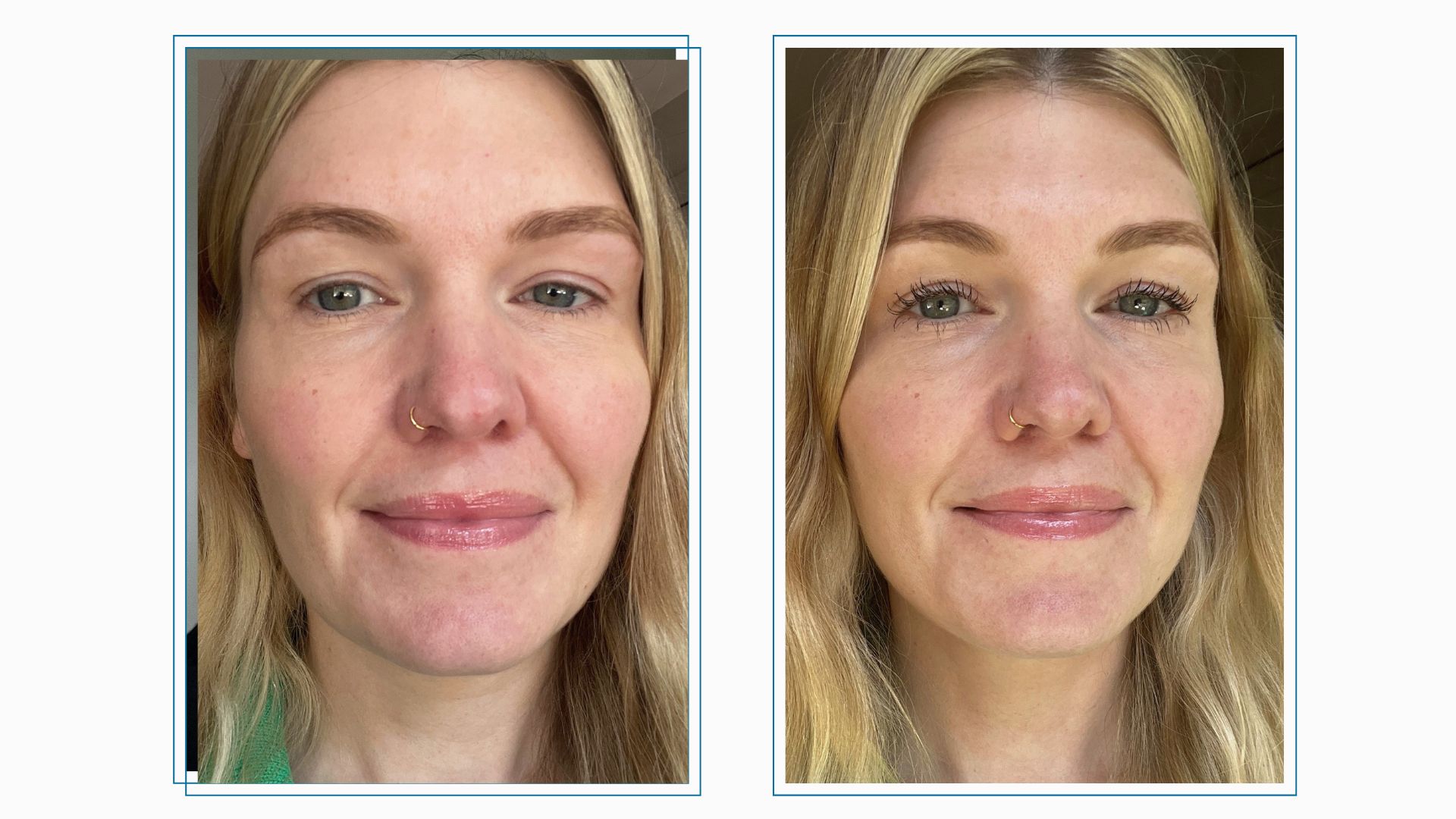 fiona mckim pictured before applying maybelline sky high tubes mascara with bare lashes then after applying it with visibly longer, darker eyelashes