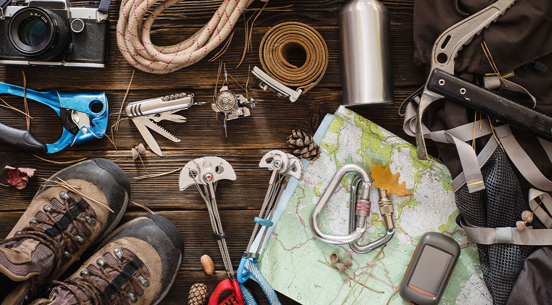 Various hiking gear and equipment