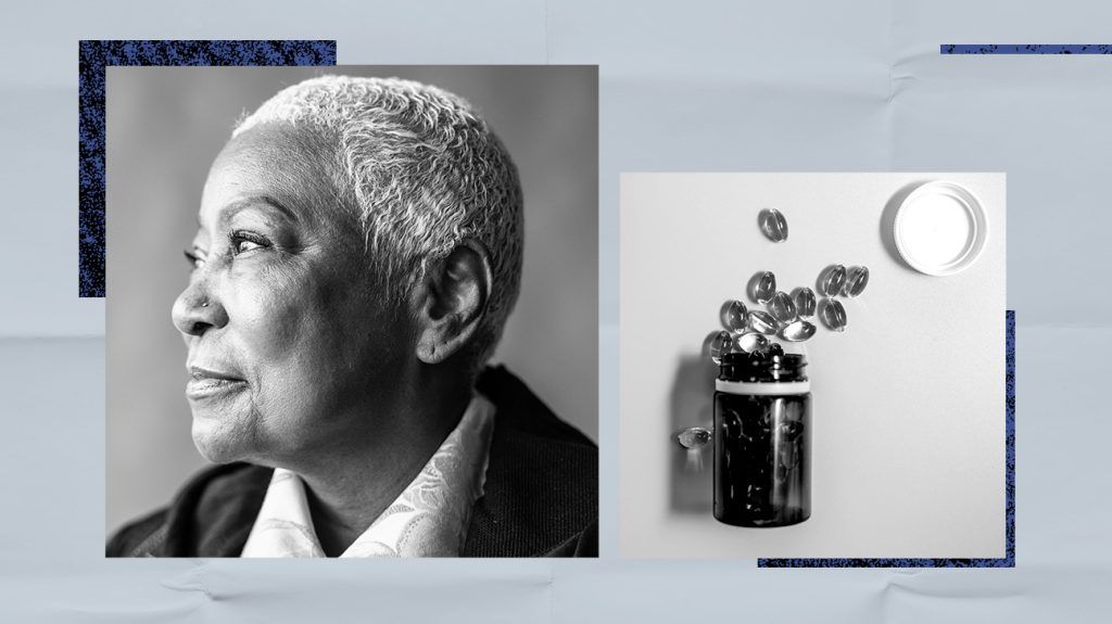 A collage of an older adult and vitamin D supplements.